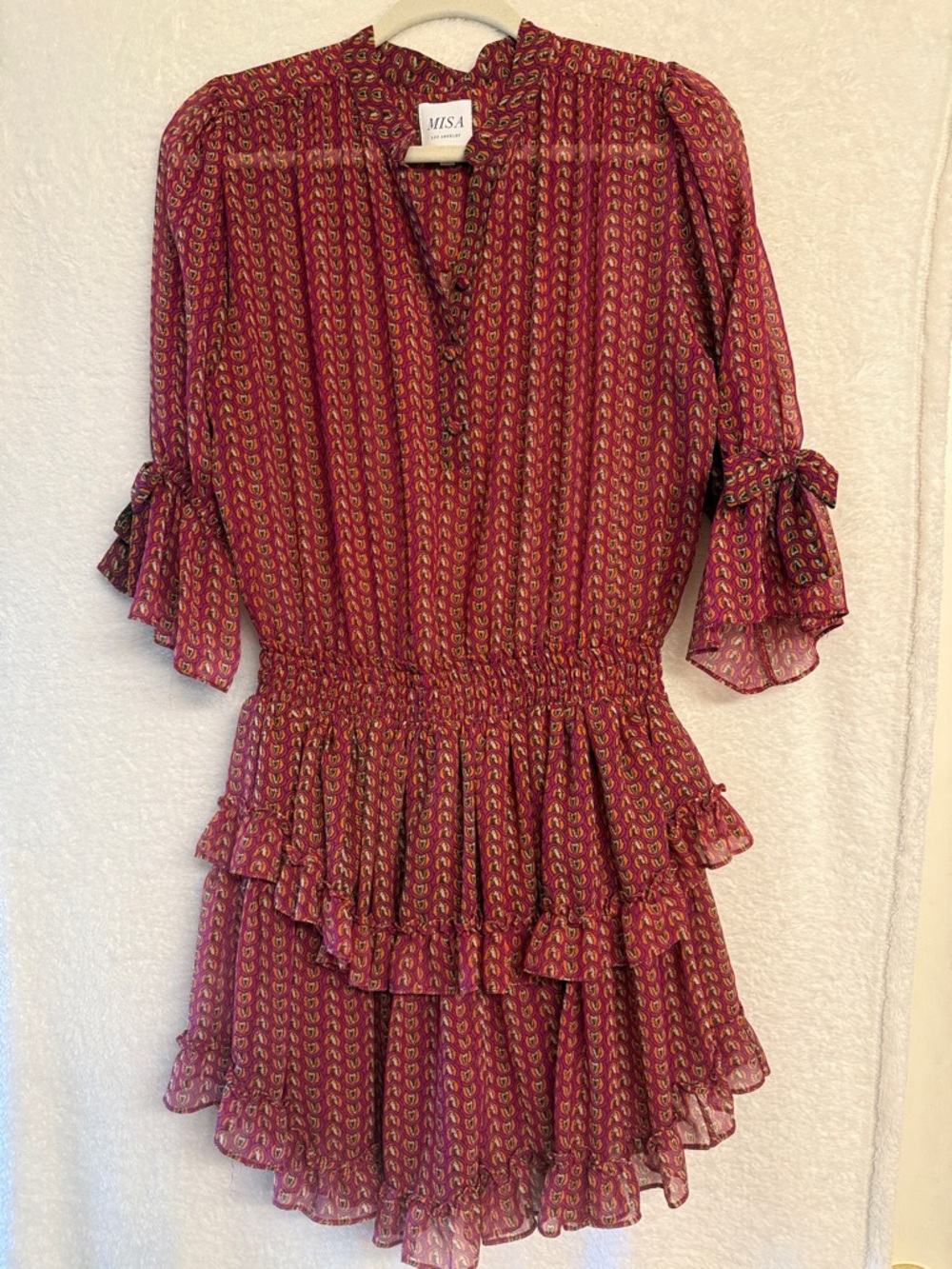MISA Los Angeles Dark Pink Paisley Mini Dress w/tiered skirt and flared sleeves